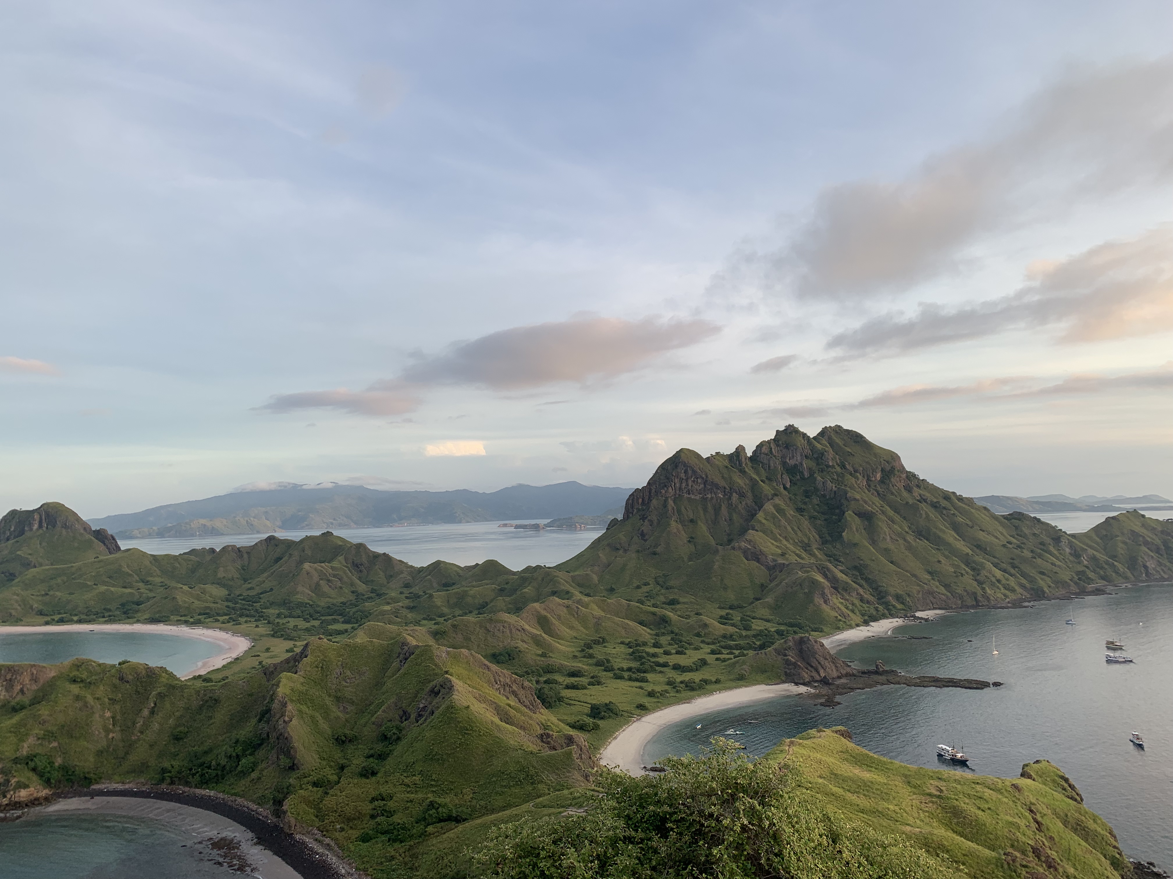 Panoramisch uitzicht over de glooiende groene heuvels en verschillende afgeronde zandstranden en baaien van het Komodo park.